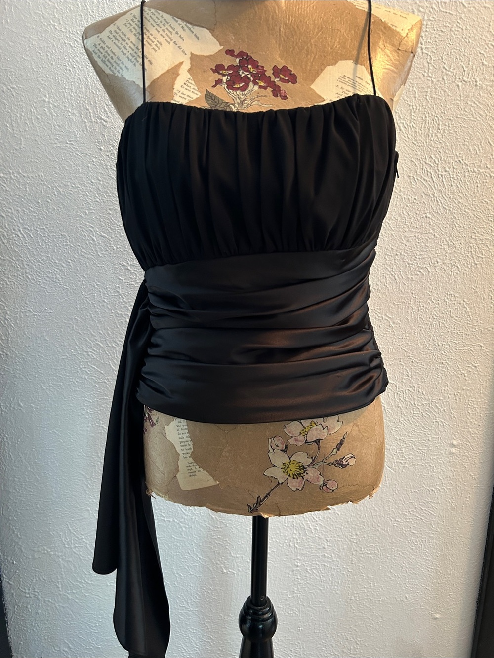 Cache Black Ruched Satin Camisole with Side Drape